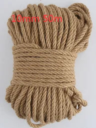 A bundle of natural hemp jute rope in a light tan color, measuring 10mm thick and 50 meters long.