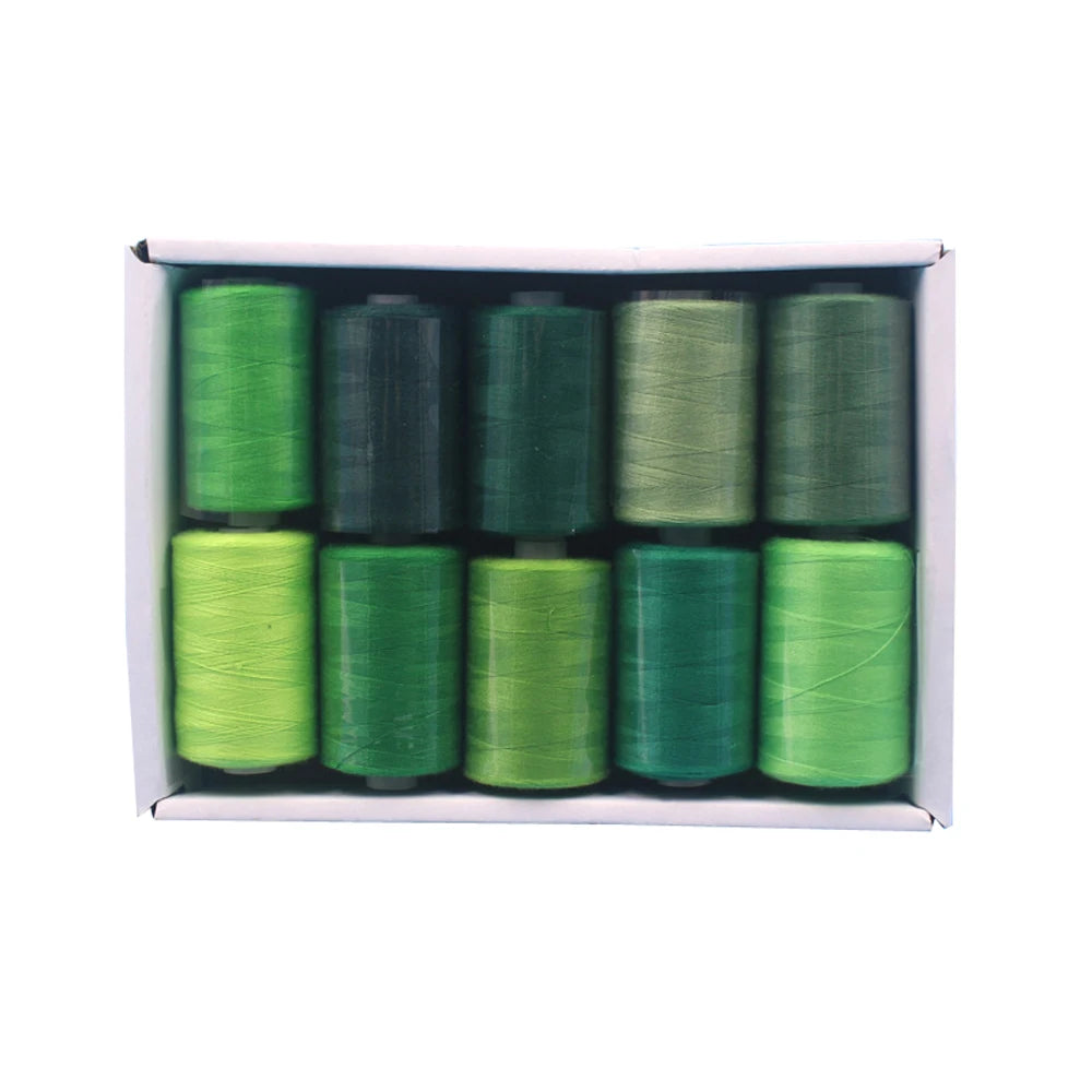A box containing ten spools of bright green polyester sewing thread.