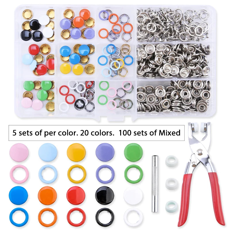 A collection of metal snap fasteners in various colors and sizes, including individual components and mixed sets.