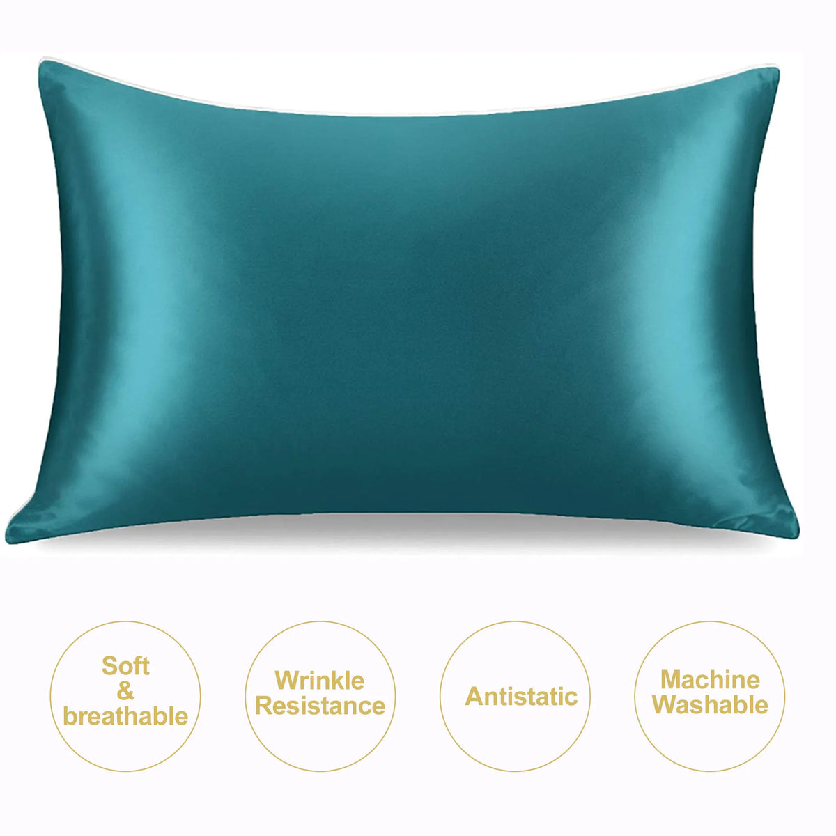A smooth teal mulberry silk satin pillowcase shown flat, highlighting its soft and breathable texture.