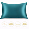 A smooth teal satin pillowcase shown flat, highlighting its soft and breathable texture.