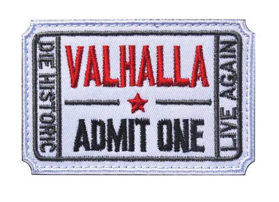 Embroidered Valknut Viking patch with hook and loop backing featuring the text VALHALLA ADMIT ONE
