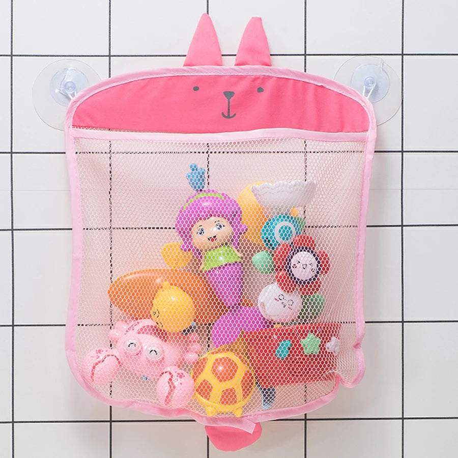 Pink mesh bath toys shaped like a duck and frog for children