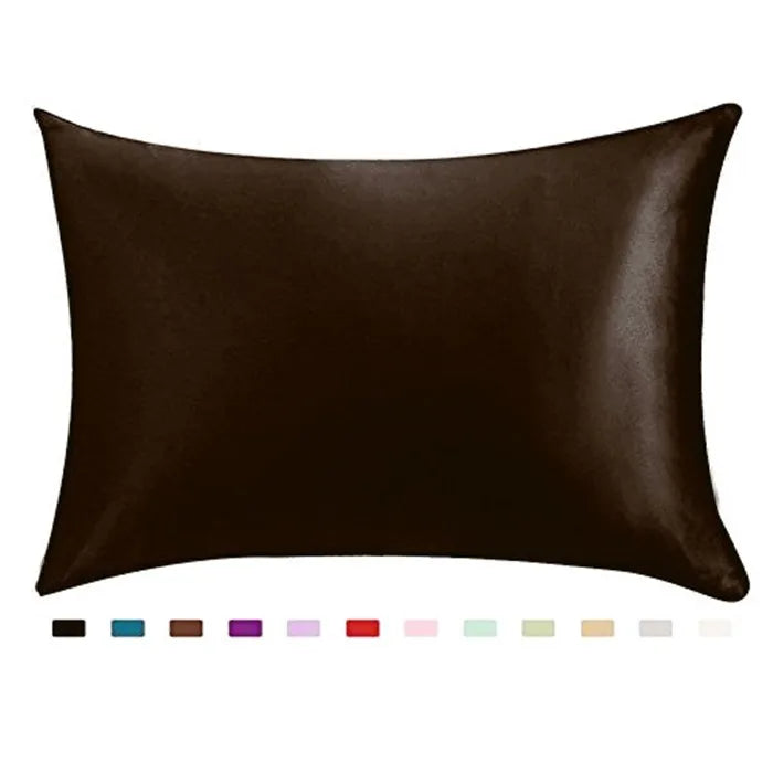 A dark brown luxury satin pillowcase shown with a color palette of various shades.