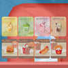 A collection of DIY iron-on embroidered patches featuring various food and drink designs on light yellow backgrounds.