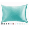 A square light aqua satin pillowcase displayed with a color palette below.