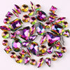 A collection of 50 silver claw rhinestone decorations in various shades of purple, green, and gold.