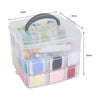 A clear plastic storage box containing various colors of embroidery floss and a handle.