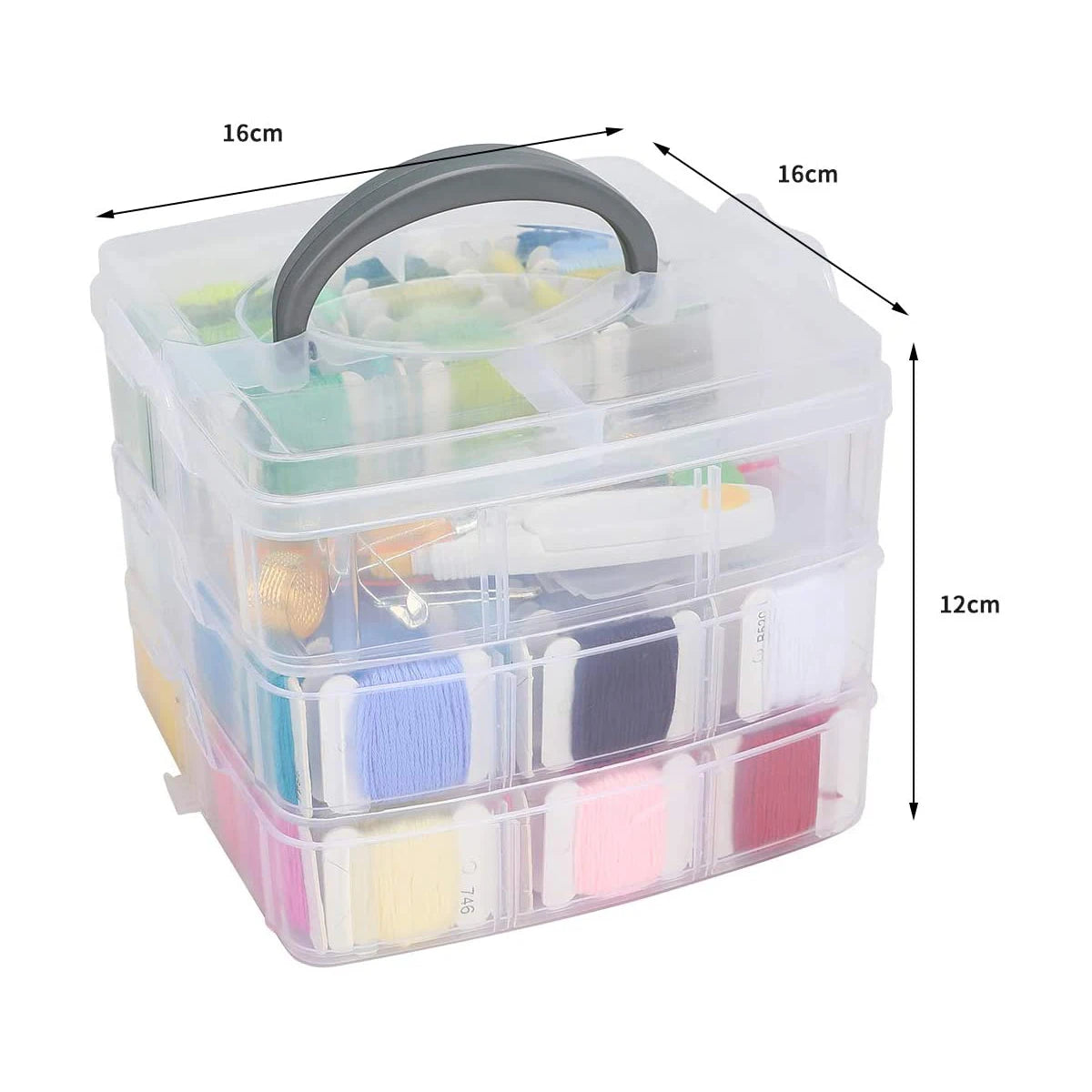 A clear plastic storage box containing various colors of embroidery floss and a handle.