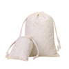 A natural off-white cotton drawstring gift bag with light beige string, shown against a white background.