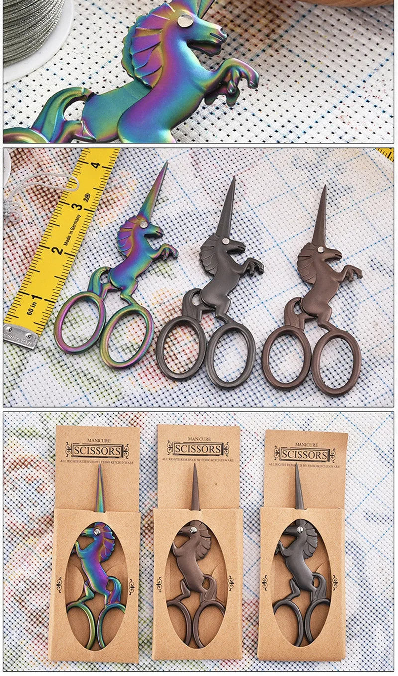 Three stainless steel unicorn sewing scissors in iridescent purple, green, and bronze finishes.