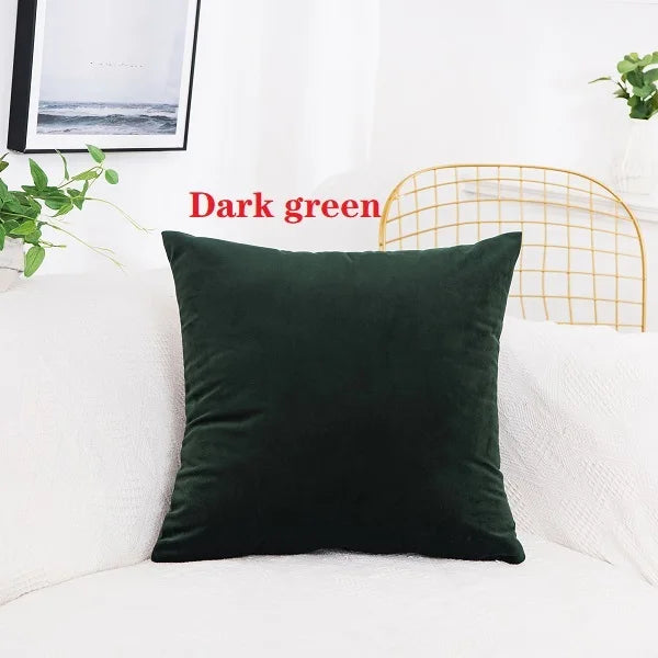 A dark green velvet decorative cushion cover resting on a white sofa.