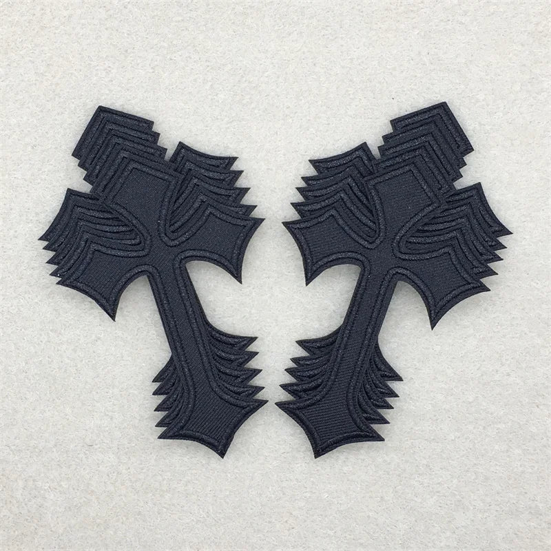 Pair of dark navy embroidered cross applique patches for clothing