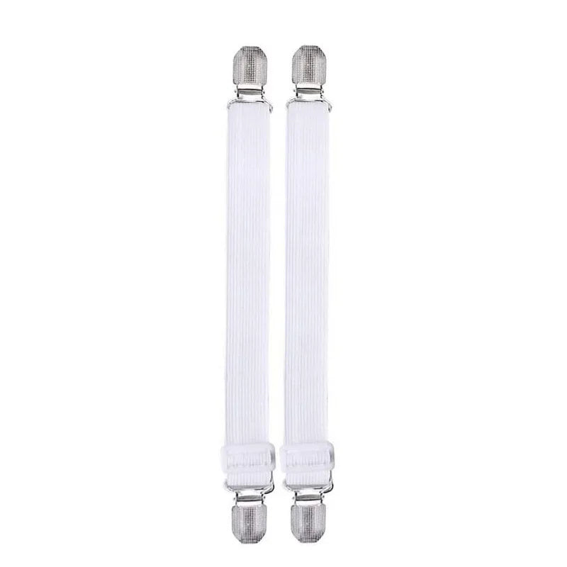 Two clear plastic adjustable bed sheet grippers or fasteners.