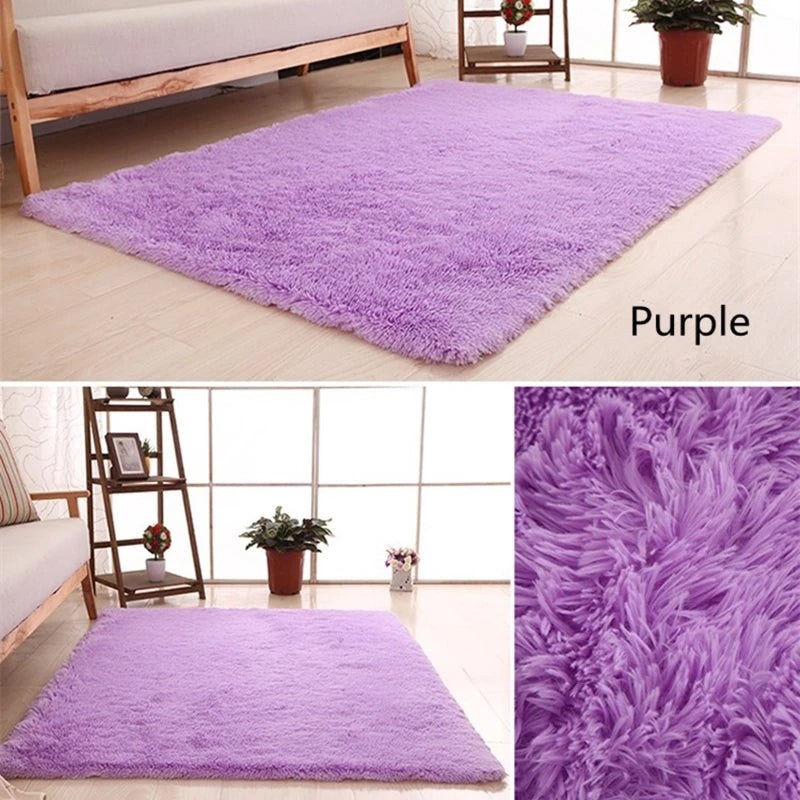 A purple plush throw rug displayed on a light wooden floor, shown in three views.