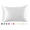 A white satin pillowcase shown flat, with a color palette strip below featuring various pastel and neutral shades.