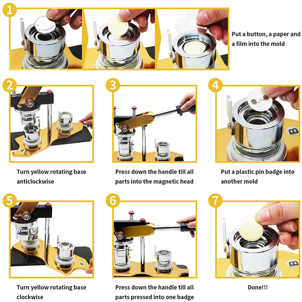 Step-by-step instructions showing how to use a professional button making machine kit to press buttons into molds.