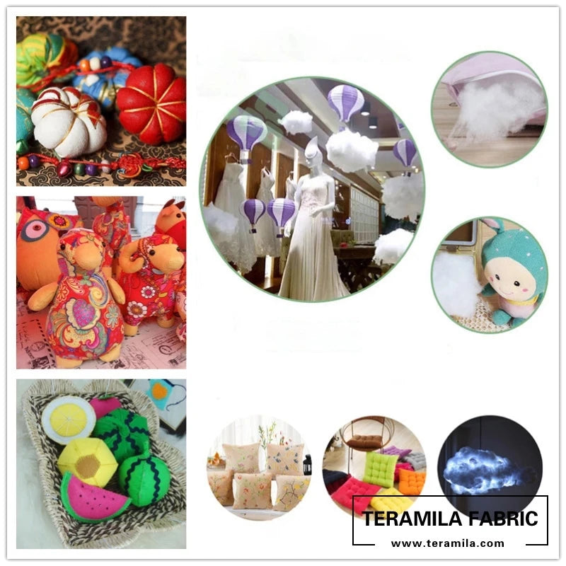 A collection of handmade cotton toy filler batting in various colors and shapes for crafting projects.
