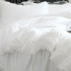 White luxury ruffle duvet cover displayed on a bed, showing delicate lace trim.