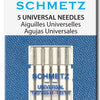 A box of five Schmetz universal sewing machine needles labeled in German and Spanish.