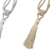 Four elegant curtain tiebacks made of twisted rope in beige, silver, gold, and gray tones with tassels.