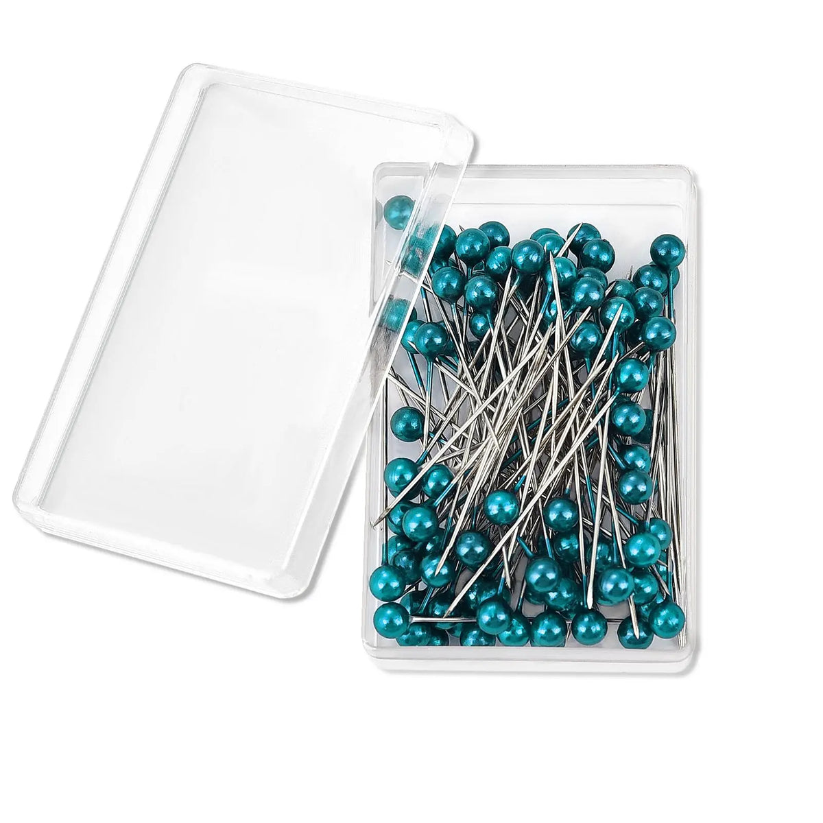 A clear plastic container holds a pack of 100 colorful blue pearl head sewing pins.