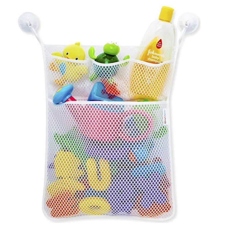 A white mesh bag filled with colorful bath toys including a yellow duck and green frog.