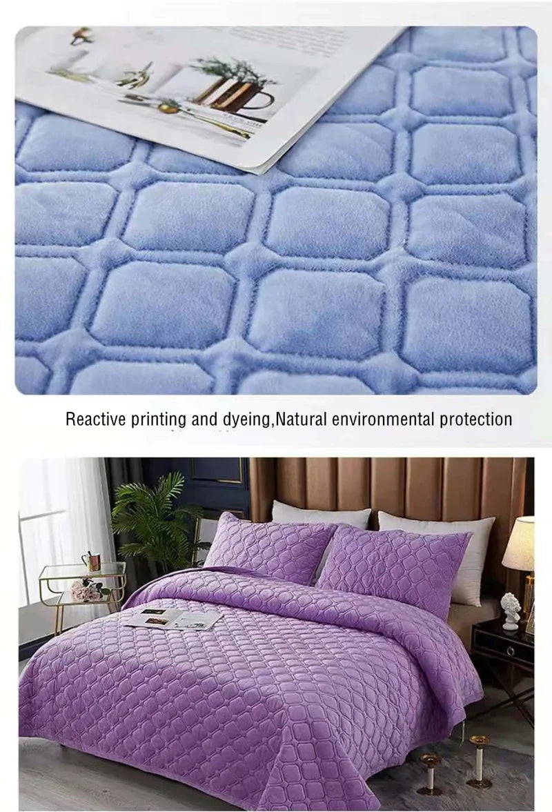 Purple crystal velvet quilted bedspread with a diamond pattern on a bed.