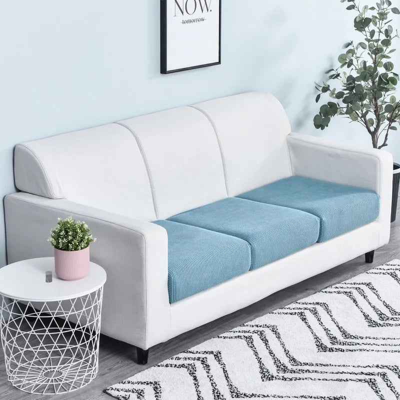 A white sofa with light blue seat cushions and a patterned rug in a bright room.