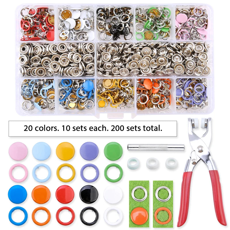 A collection of 20 colors and 10 sets of heavy duty metal snap fasteners for various projects.