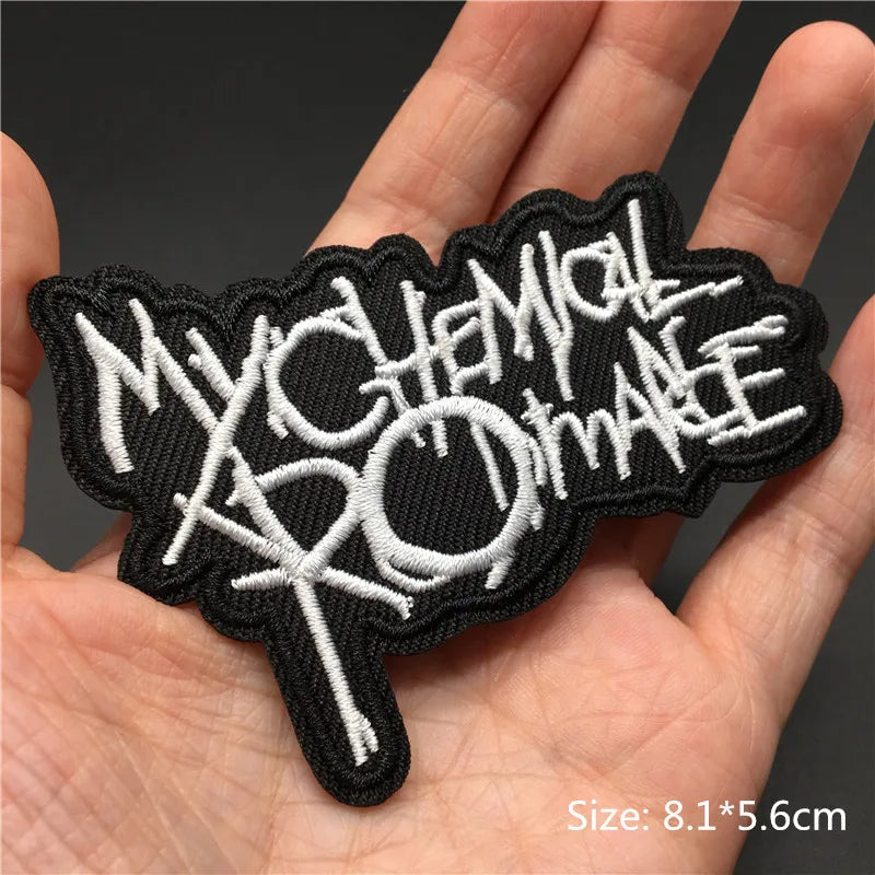 Black embroidered punk badge featuring the text MYCHEMICAL RODMALE on a hand
