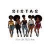 Five women models wearing or posing with Sistas iron-on clothing patches