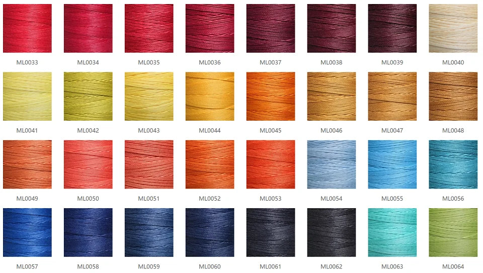A grid of various colored embroidery threads and cords in various shades of red, orange, brown, blue, and green.