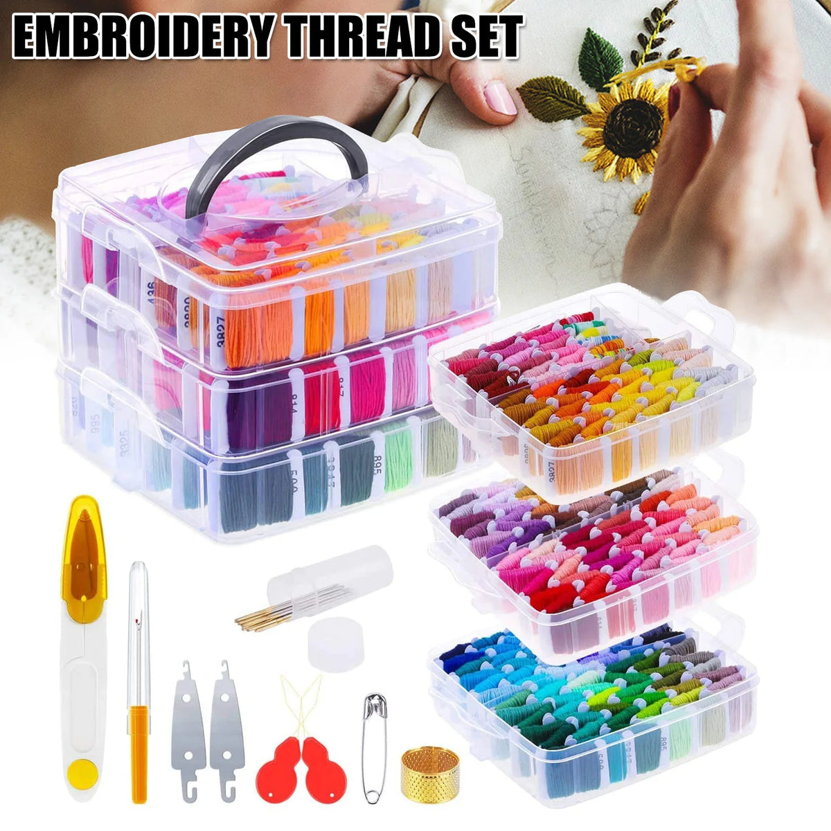 A set of professional embroidery thread floss in various colors stored in clear plastic boxes with sewing tools