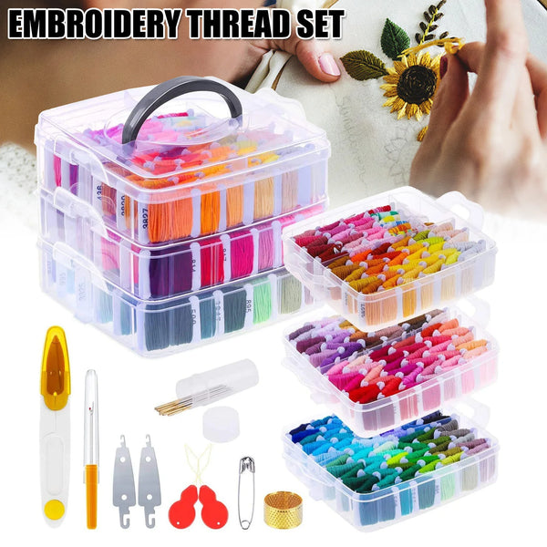 A set of professional embroidery thread floss in various colors stored in clear plastic boxes with sewing tools