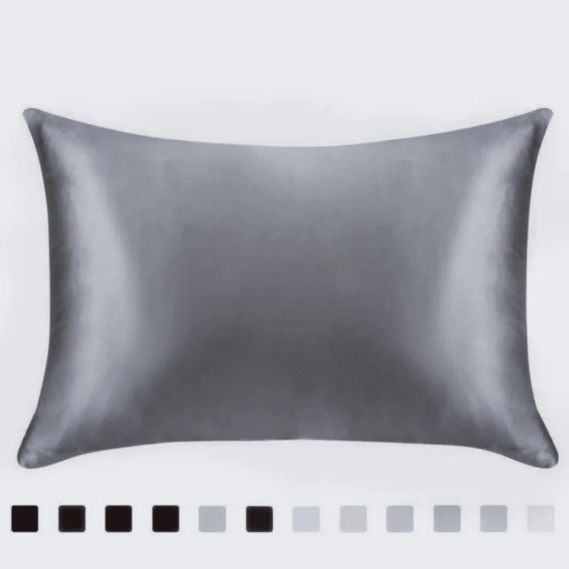 A smooth, dark gray satin pillowcase shown flat.