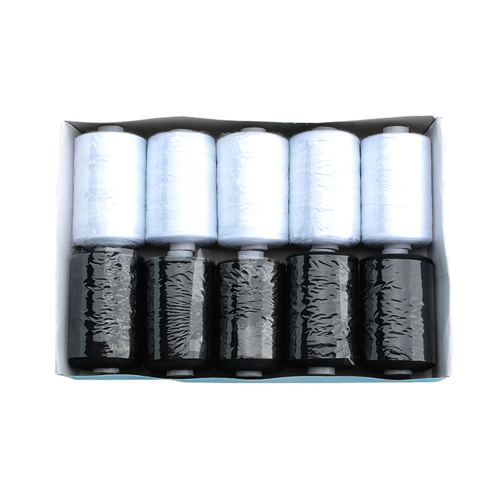 A pack of ten color polyester sewing thread spools in a black plastic tray.