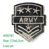 Embroidered iron-on patch featuring the Army insignia with three stars and the word ARMY on a dark green fabric background