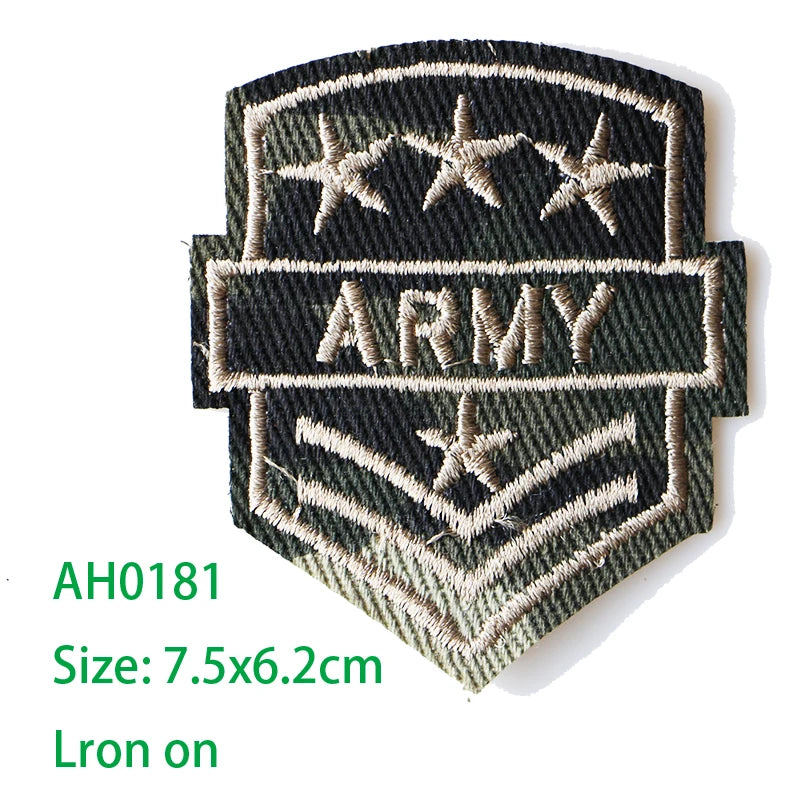 Embroidered iron-on patch featuring the Army insignia with three stars and the word ARMY on a dark green fabric background