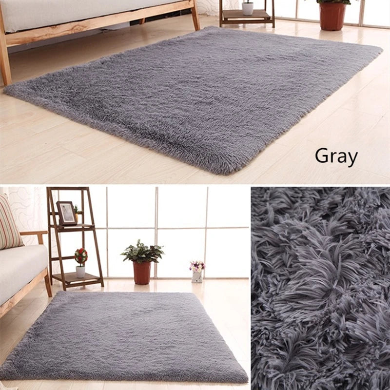 A gray plush throw rug placed on a light wood floor, shown in various textures and close-ups.