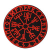 Red embroidered Valknut Viking patch with hook and loop backing on a black fabric.