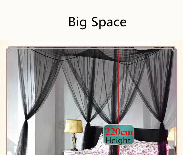 Black mosquito net bed canopy with a 220cm height shown in a bedroom setting.
