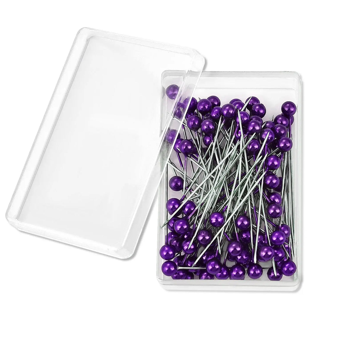 A clear plastic container holds a pack of 100 colorful purple pearl head sewing pins.