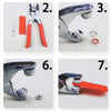 Eight steps showing the assembly and components of a heavy duty metal snap fastener kit.