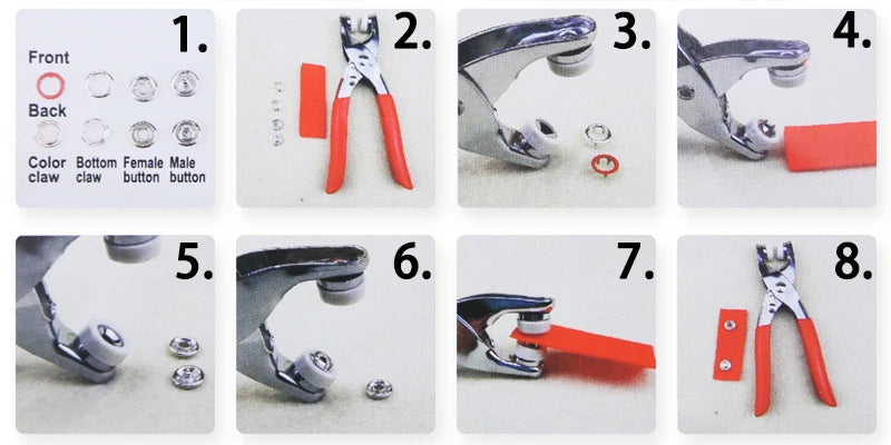 Eight steps showing the assembly and components of a heavy duty metal snap fastener kit.