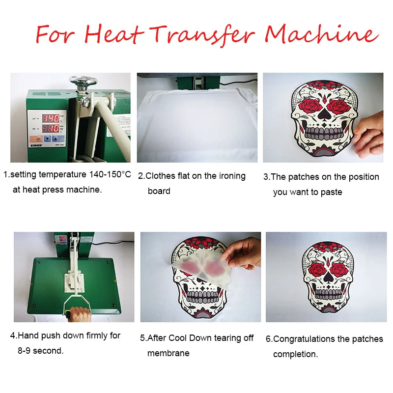 Instructions for using a heat transfer machine to apply clothing patches onto fabric.