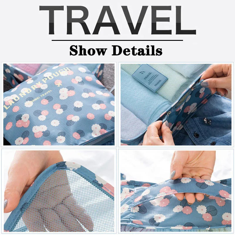 A set of six fabric storage pouches and a mesh bag for organizing clothes.