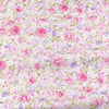 Pink floral and stripe cotton twill fabric with pink roses and purple accents for sewing and DIY projects
