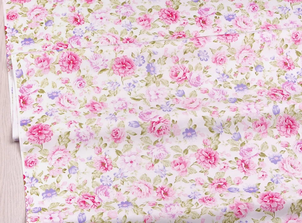 Pink floral and stripe cotton twill fabric with pink roses and purple accents for sewing and DIY projects