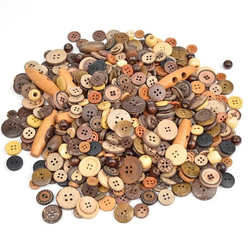 A pile of mixed size wooden buttons in various natural and dark earth tones for scrapbooking